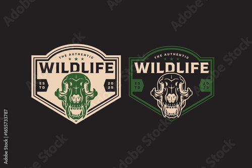 Wild bear skull animal retro badge logo vector design set for adventure and outdoor. Hunting wildlife vintage emblem logo graphic collections. Authentic animal skull illustration label element designs
