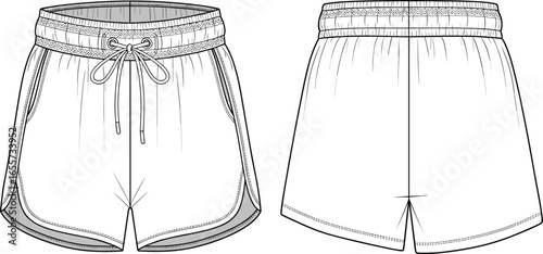 Women’s sport shorts fashion flat sketch, vector clothing design template, casual drawstring shorts illustration front back view