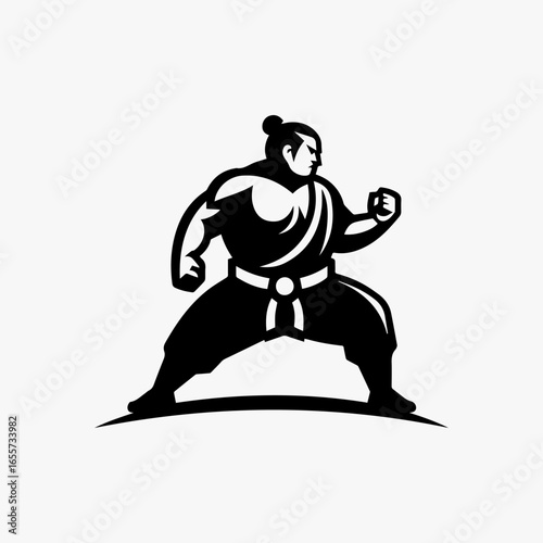 Sumo Wrestler in Stance Bold Black Silhouette Ready to Compete.