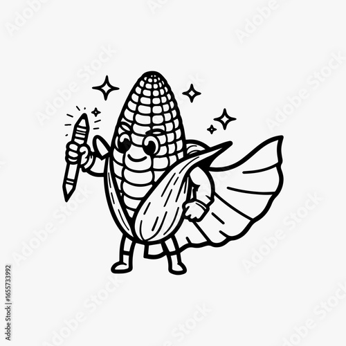 Superhero Corn Character Holding a Pencil.