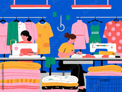 Vector flat design of garment manufacturing line with sewing machines, workers stitching clothes, and stacks of fabric, bright and modern