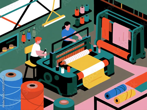 Vector illustration of textile factory with weaving machines, workers operating looms, and rolls of colorful fabric, flat design, clean style