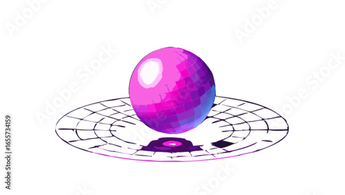 Gravity well illustration showing spacetime curvature with a sphere distorting the grid surface