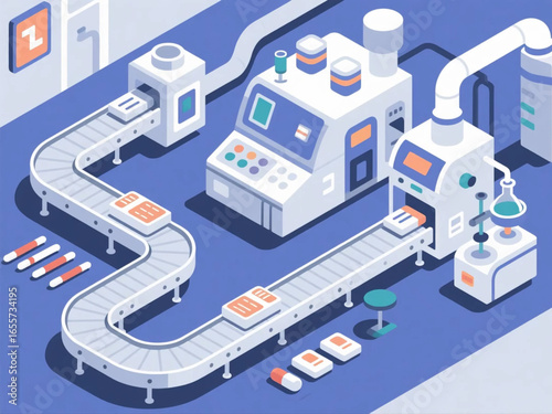 Vector illustration of a pharmaceutical factory with laboratory equipment, conveyor belts, and medicine packaging machines, flat clean design