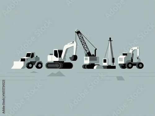 Vector flat design of mining machinery lineup including bulldozers, loaders, and drilling rigs, clean and detailed