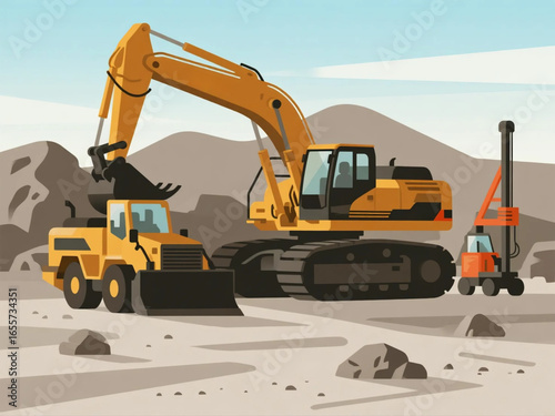 Vector flat design of mining machinery lineup including bulldozers, loaders, and drilling rigs, clean and detailed