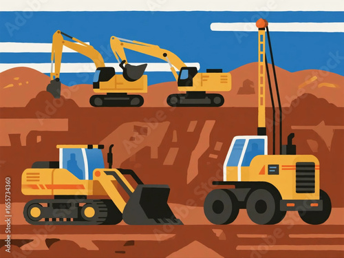 Vector flat design of mining machinery lineup including bulldozers, loaders, and drilling rigs, clean and detailed