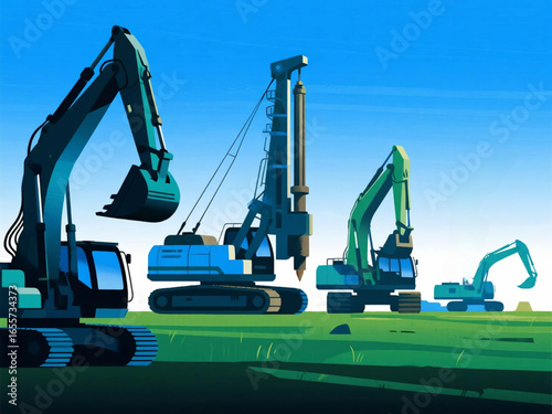Vector flat design of mining machinery lineup including bulldozers, loaders, and drilling rigs, clean and detailed