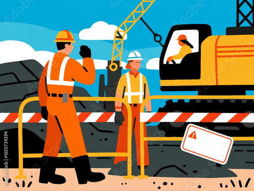 Vector illustration of mining safety procedures with workers wearing PPE, warning signs, and protective barriers