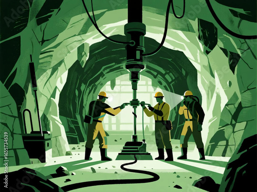 Vector flat design of underground mining tunnel with miners wearing helmets, headlamps, and operating drilling machines