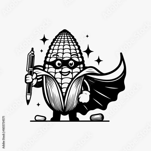 Superhero Corn Character Holding Pen Black and White Illustration.