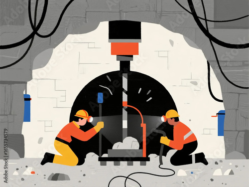 Vector flat design of underground mining tunnel with miners wearing helmets, headlamps, and operating drilling machines
