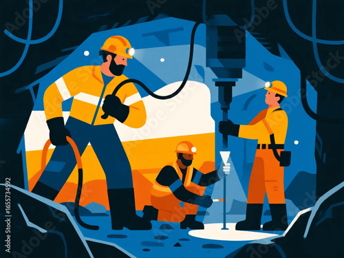 Vector flat design of underground mining tunnel with miners wearing helmets, headlamps, and operating drilling machines