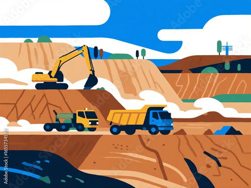 Vector illustration of an open-pit mining site with excavators, dump trucks, and terraced layers of soil, flat design, bright earthy colors