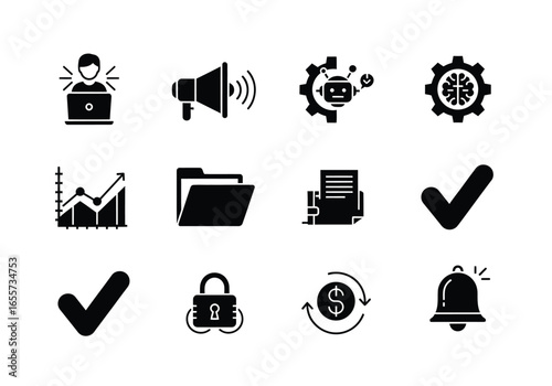 A set of black silhouette icons representing business, technology, data, communication, and security concepts.