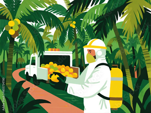Vector illustration of palm oil plantation workers wearing safety helmets, harvesting fruits, and loading onto trucks, bright flat colors
