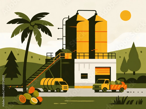 Vector illustration of palm oil mill factory with large processing tanks, conveyor belts, and trucks delivering fresh fruit bunches, flat modern style
