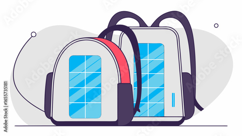 Illustration of two backpacks with blue window design and gray backdrop on a white background