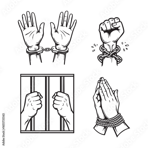 Vector art of four black and white hand illustrations, depicting themes of captivity, freedom, prayer, and confinement