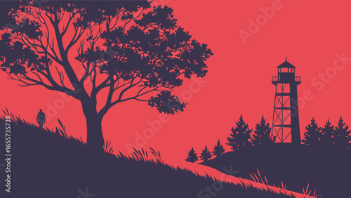 Sunset landscape with lighthouse silhouette vector art illustration scenic view nature background design 100