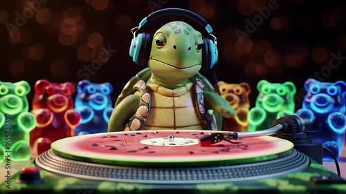 Turtle with Headphones Djing on Watermelon Turntable Surrounded by Gummy Bears