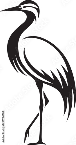 Crane silhouette standing on one leg, Elegant black bird vector animal
