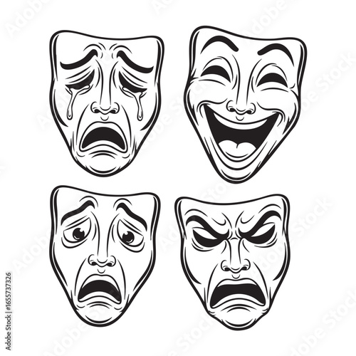 Vector art of four black and white theater masks, depicting different emotions such as happiness, sadness, anger, and fear