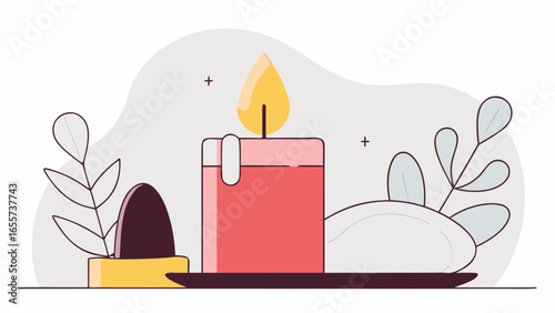 Illustration of a lit candle with a pink holder next to a plant and decorative leaves around it