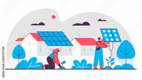 Illustration of people planting trees and installing solar panels near houses in a sustainable environment