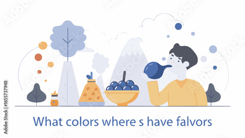 Illustration of a person drinking water near a bowl of blueberries and mountain scenery in background
