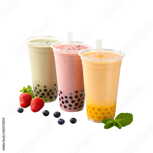 Three refreshing bubble tea drinks with fruit and tapioca pearls isolated on transparent background