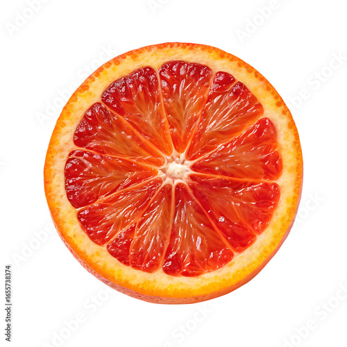 Close up of a vibrant blood orange slice isolated on transparent background