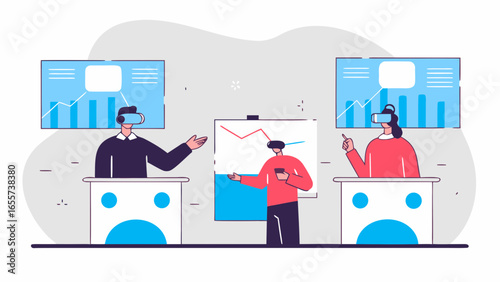 Virtual reality meeting with charts and graphs displayed on screens for remote collaboration and presentation