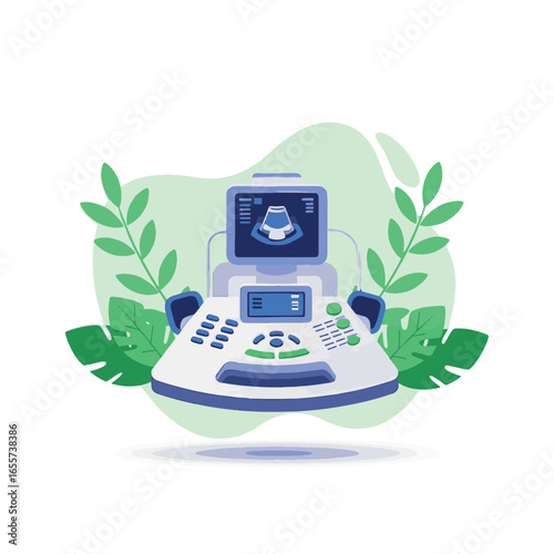 Medical Ultrasound Machine Illustration with Greenery.