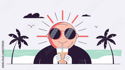 Man with sunglasses drinking a beverage on a beach with palm trees and clouds enjoying the summer day