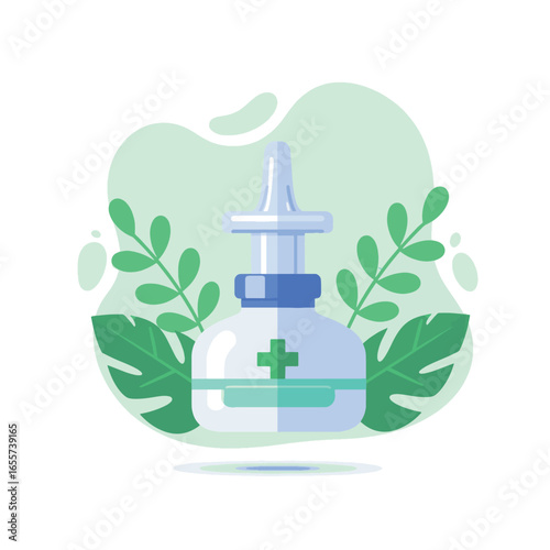 Nasal spray bottle with green leaves for allergy and cold relief.