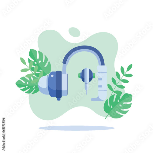 Modern Hearing Aid Illustration with Tropical Leaves.