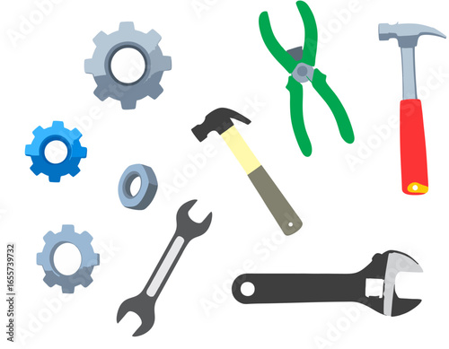 Collection of various tools and mechanical parts, including gears, wrenches, pliers, and a hammer.
