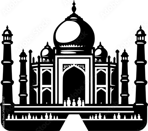 Minimalist black and white vector icon of Taj Mahal. Clean, isolated, scalable, perfect for stickers, logos, or digital use.