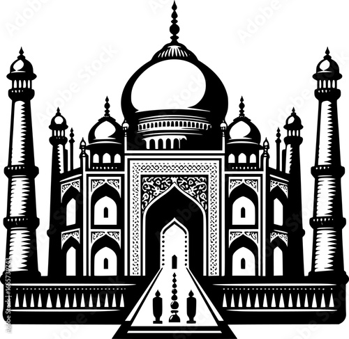 Minimalist black and white vector icon of Taj Mahal. Clean, isolated, scalable, perfect for stickers, logos, or digital use.