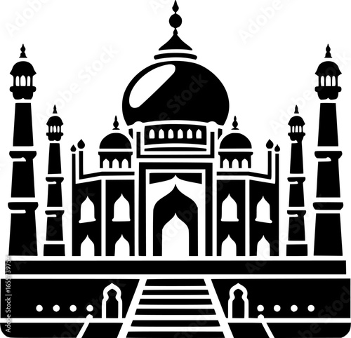 Minimalist black and white vector icon of Taj Mahal. Clean, isolated, scalable, perfect for stickers, logos, or digital use.