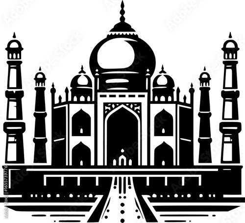 Minimalist black and white vector icon of Taj Mahal. Clean, isolated, scalable, perfect for stickers, logos, or digital use.