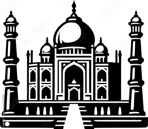 Minimalist black and white vector icon of Taj Mahal. Clean, isolated, scalable, perfect for stickers, logos, or digital use.