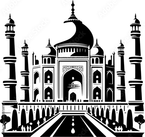 Minimalist black and white vector icon of Taj Mahal. Clean, isolated, scalable, perfect for stickers, logos, or digital use.