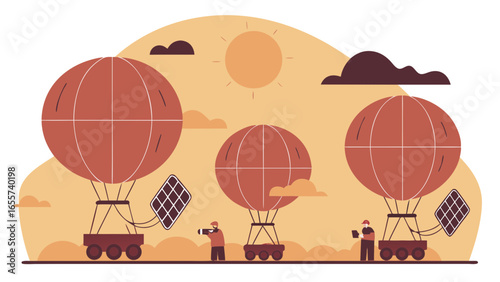 Illustration of three hot air balloons with solar panels under a sunny sky and cloudy background