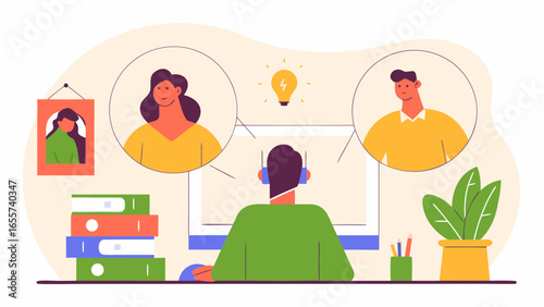 Person working from home having a video call with colleagues and generating new ideas on the computer