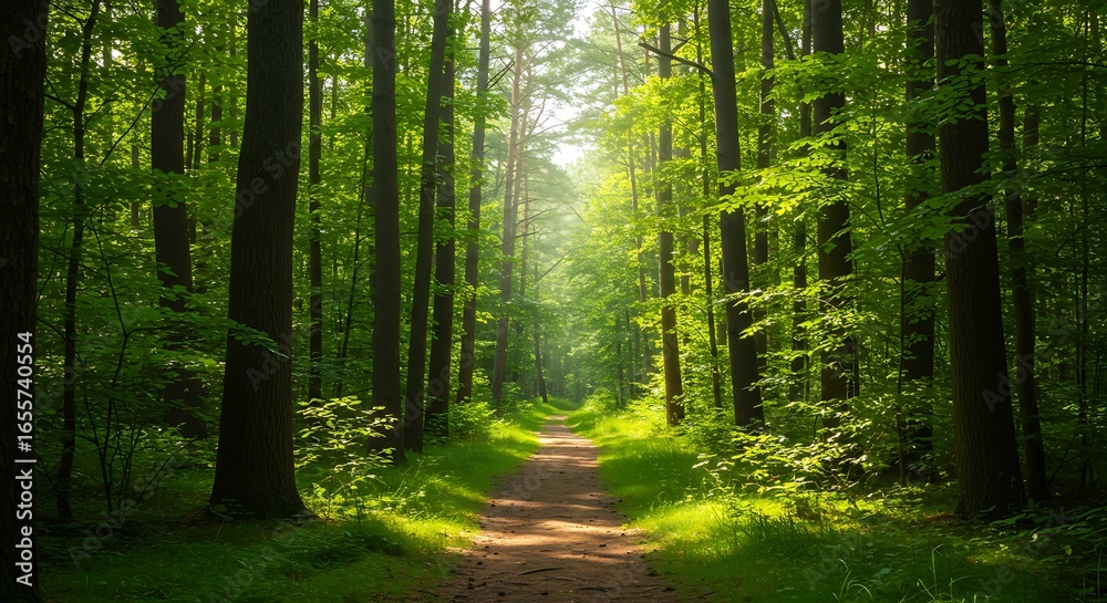 Fototapeta premium A path through a sunlit, green forest with tall trees