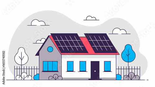 Illustration of a house with solar panels on the roof and a fence with trees in the yard