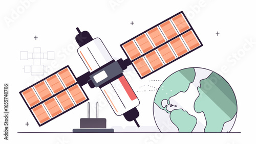 Illustration of a satellite in orbit around earth with solar panels and antenna system design