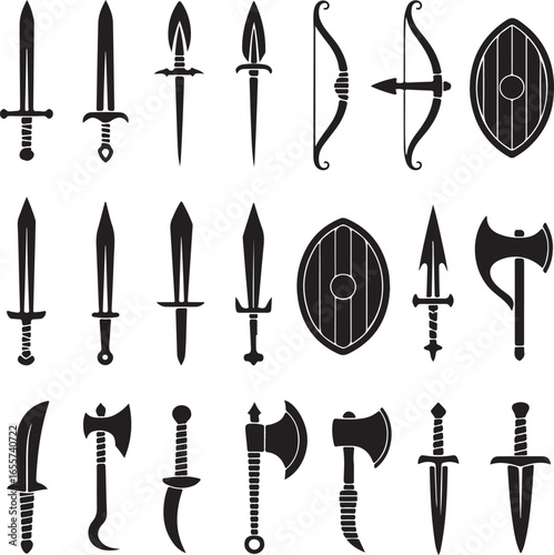 Medieval weapons icons including swords axes bows and shields Keywords: sword, axe, bow, arrow